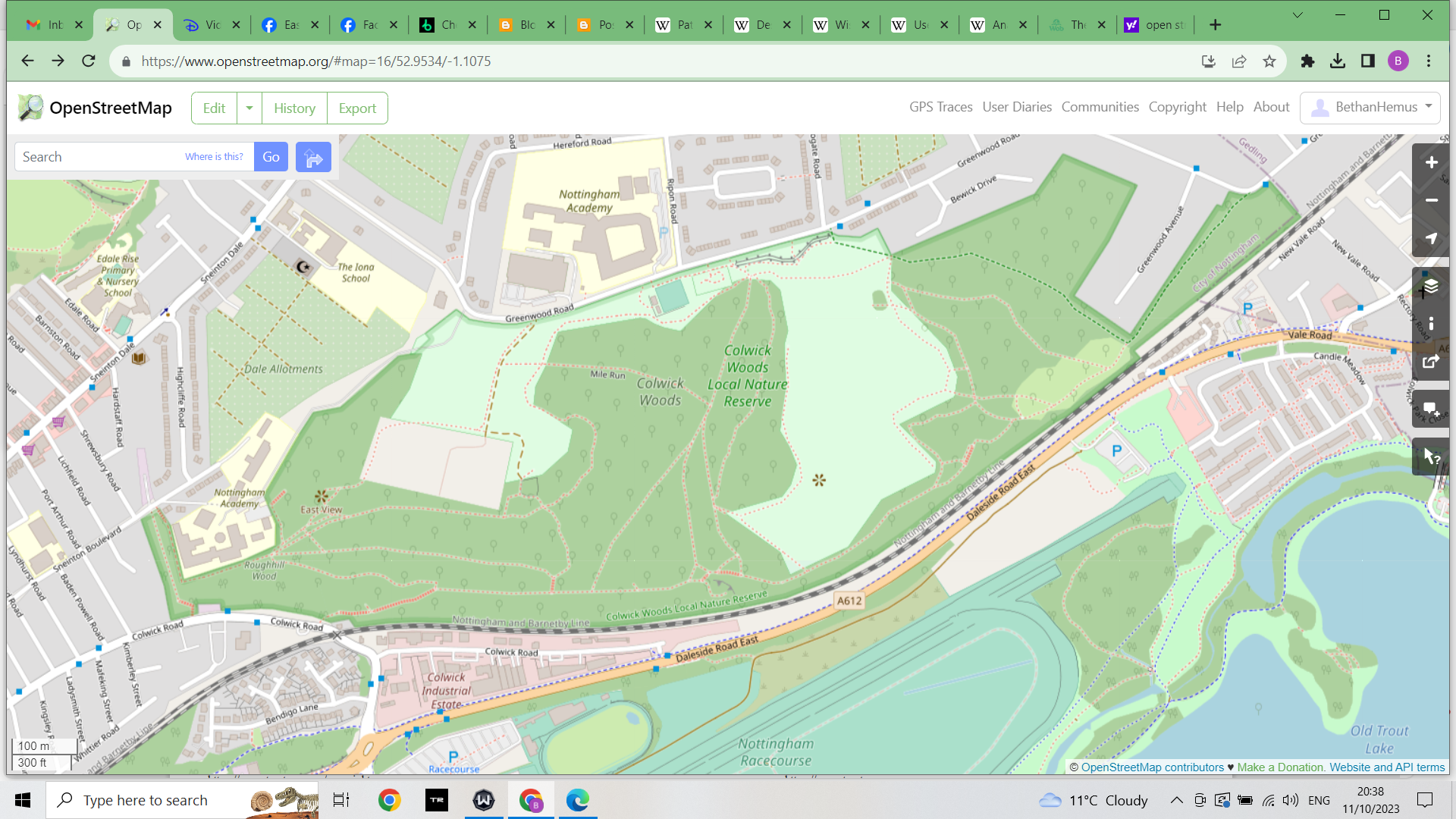 OSM desire paths: Colwick Woods, Sneinton, Nottingham